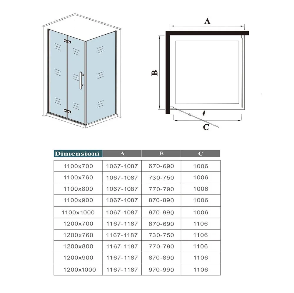 190cm Box Doccia Angolare Porta Battente Pieghevole con Parete Fissa in Vetro Temperato 5 mm Anticalcare Barra da 45cm Nera Opaca Piatto Doccia incluso