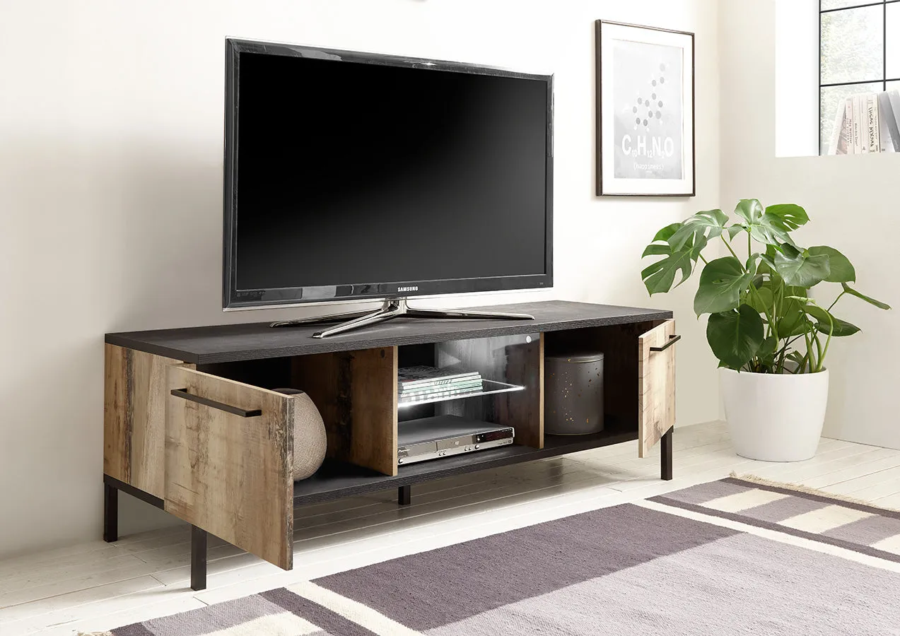 Abilene - Soggiorno a parete con porta tv credenza e vetrina in legno colore pero e nero