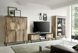 Abilene - Soggiorno a parete con porta tv credenza e vetrina in legno colore pero e nero