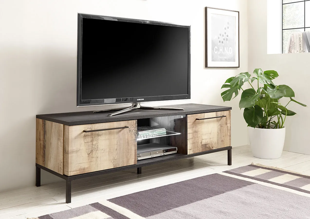 Abilene - Soggiorno a parete con porta tv credenza e vetrina in legno colore pero e nero