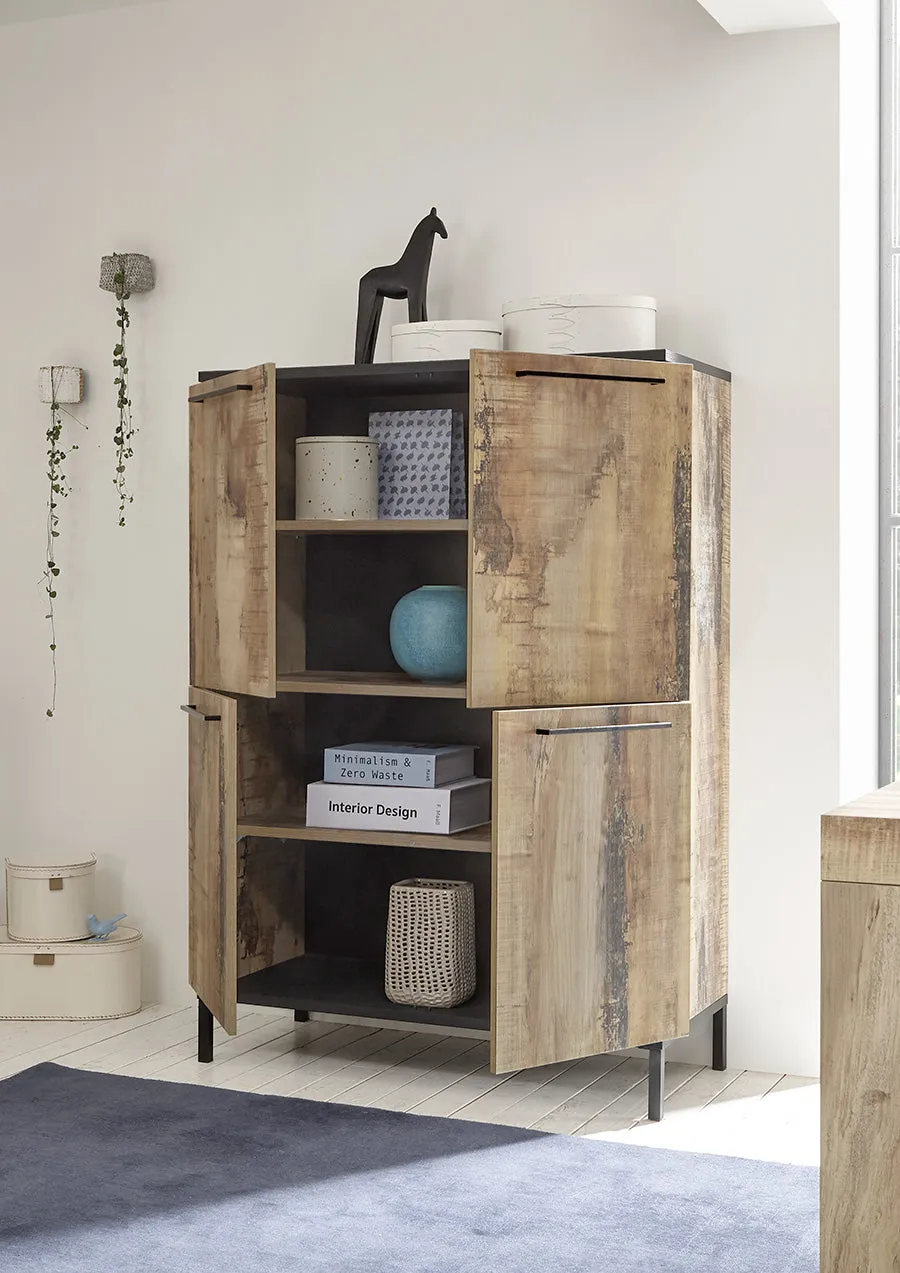 Abilene - Soggiorno a parete con porta tv credenza e vetrina in legno colore pero e nero