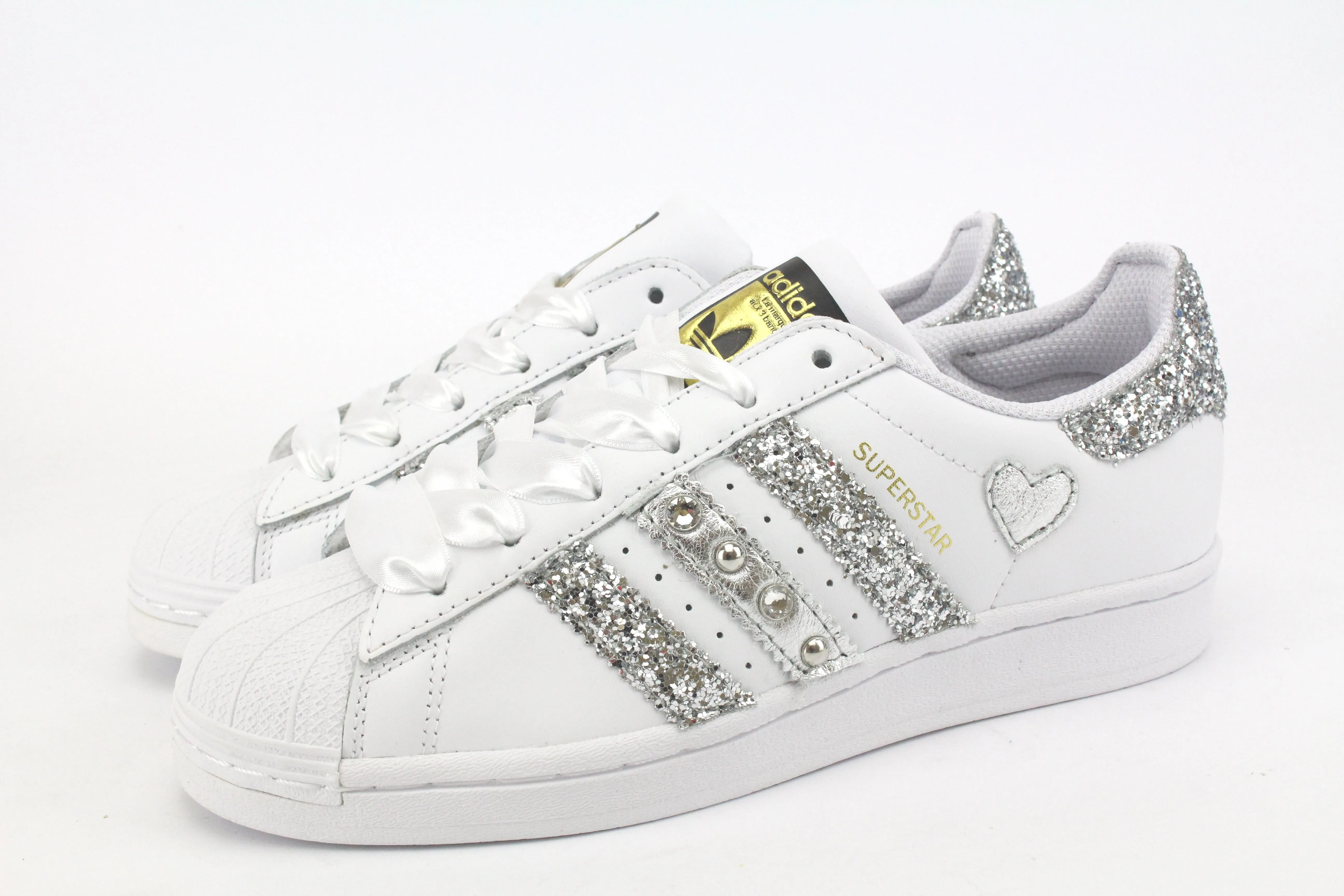 Adidas Superstar Glitter Silver Cuore Strass & Lacci in Raso