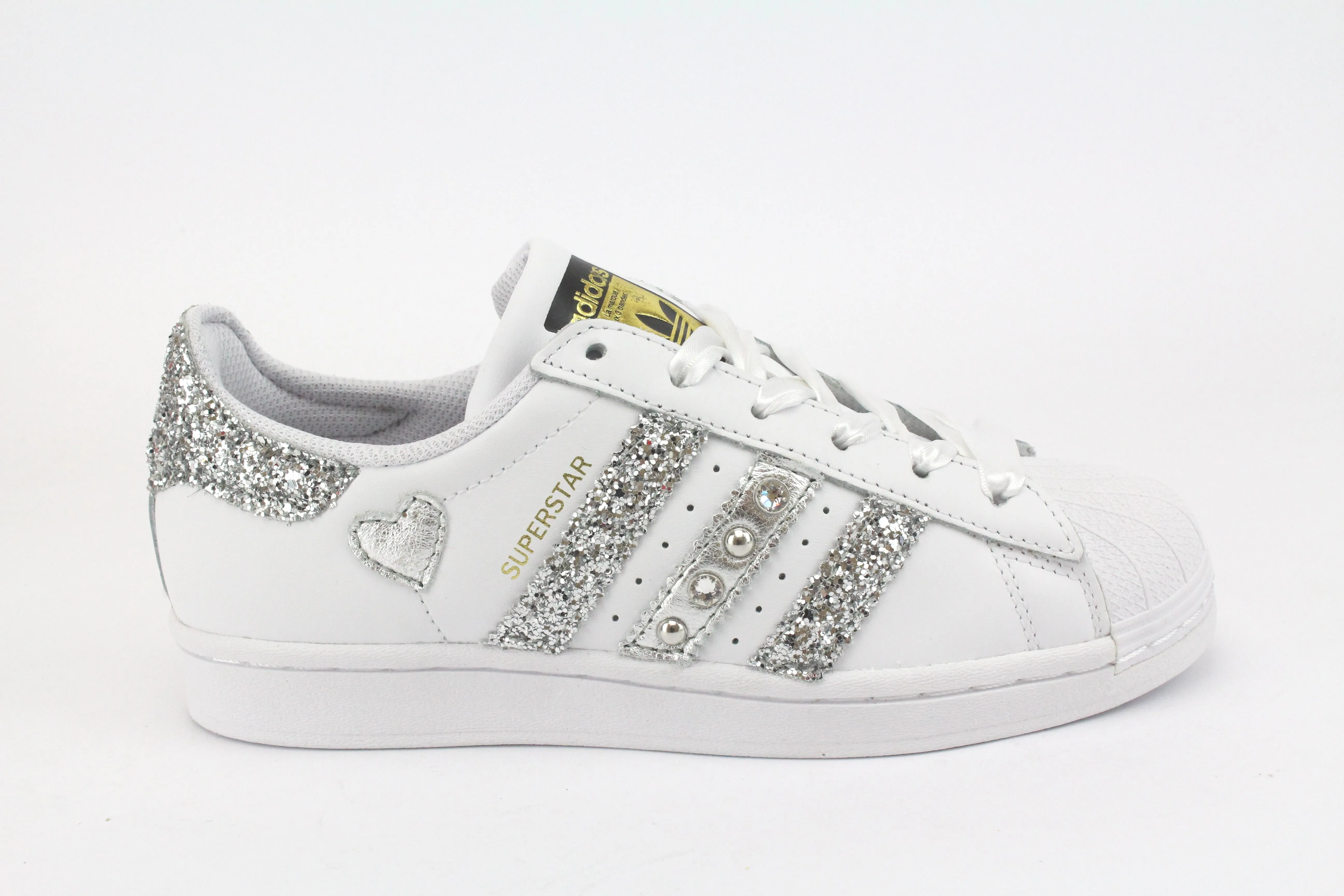 Adidas Superstar Glitter Silver Cuore Strass & Lacci in Raso