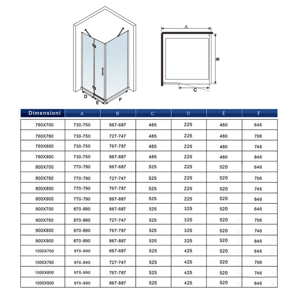 Aica 195 cm Box Doccia Angolare Porta Battente più Parete Fissa Vetro 6 mm Temperato Anticalcare Trasparente Telaio Cromo Lucido varie dimensioni