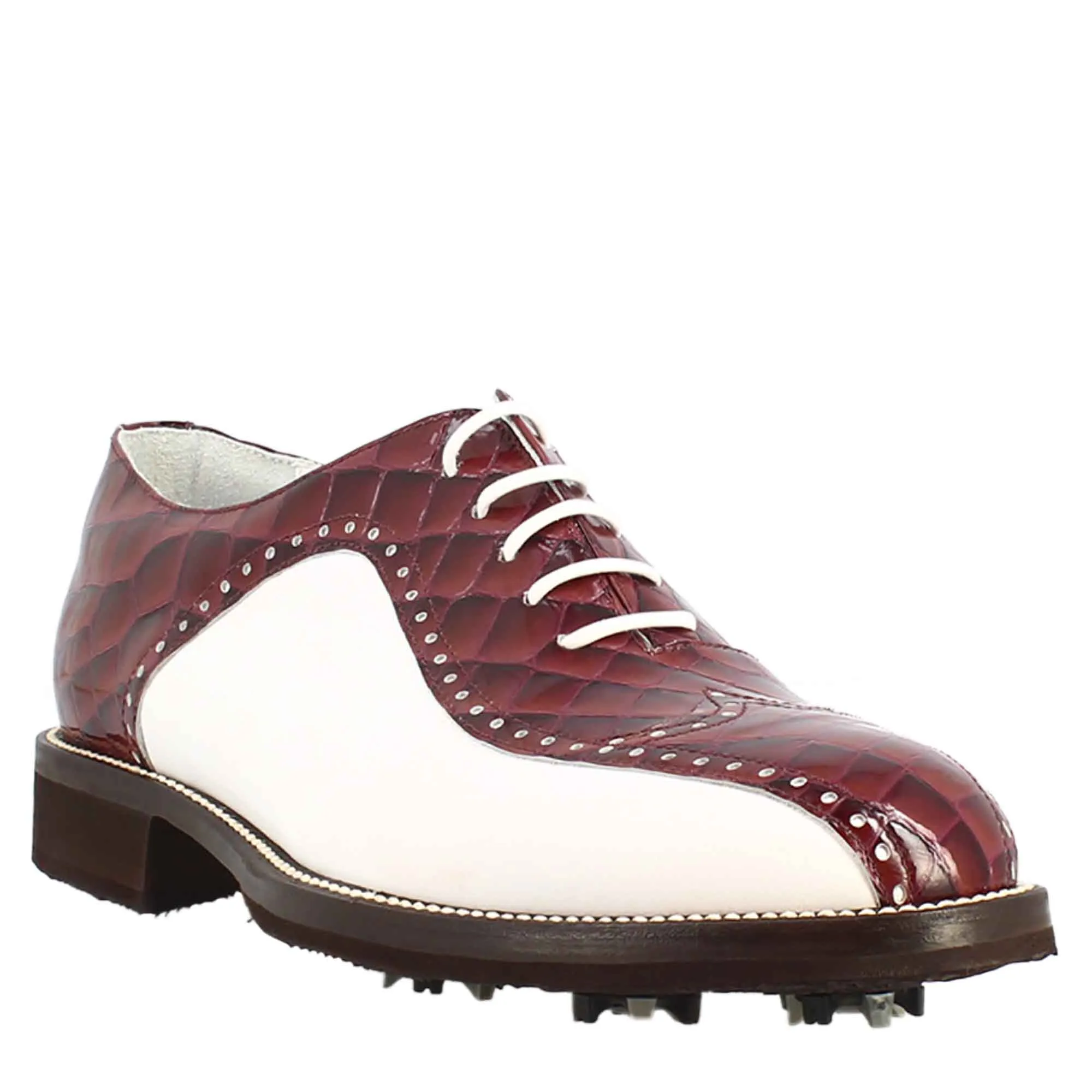 Scarpe da golf da uomo colore bianco e bordeaux cocco artigianali in pelle