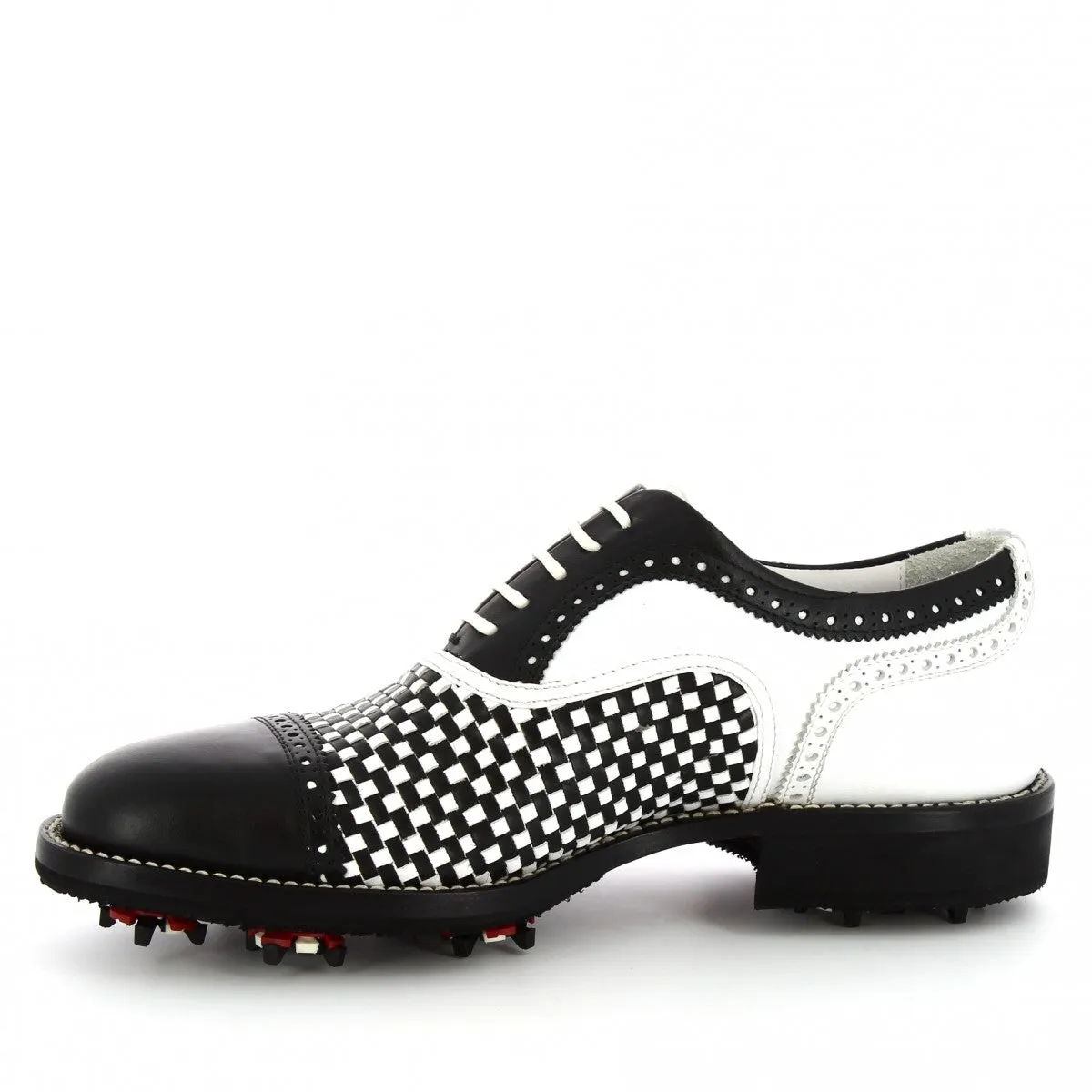 Scarpe da golf donna classiche artigianali in pelle bianca nera