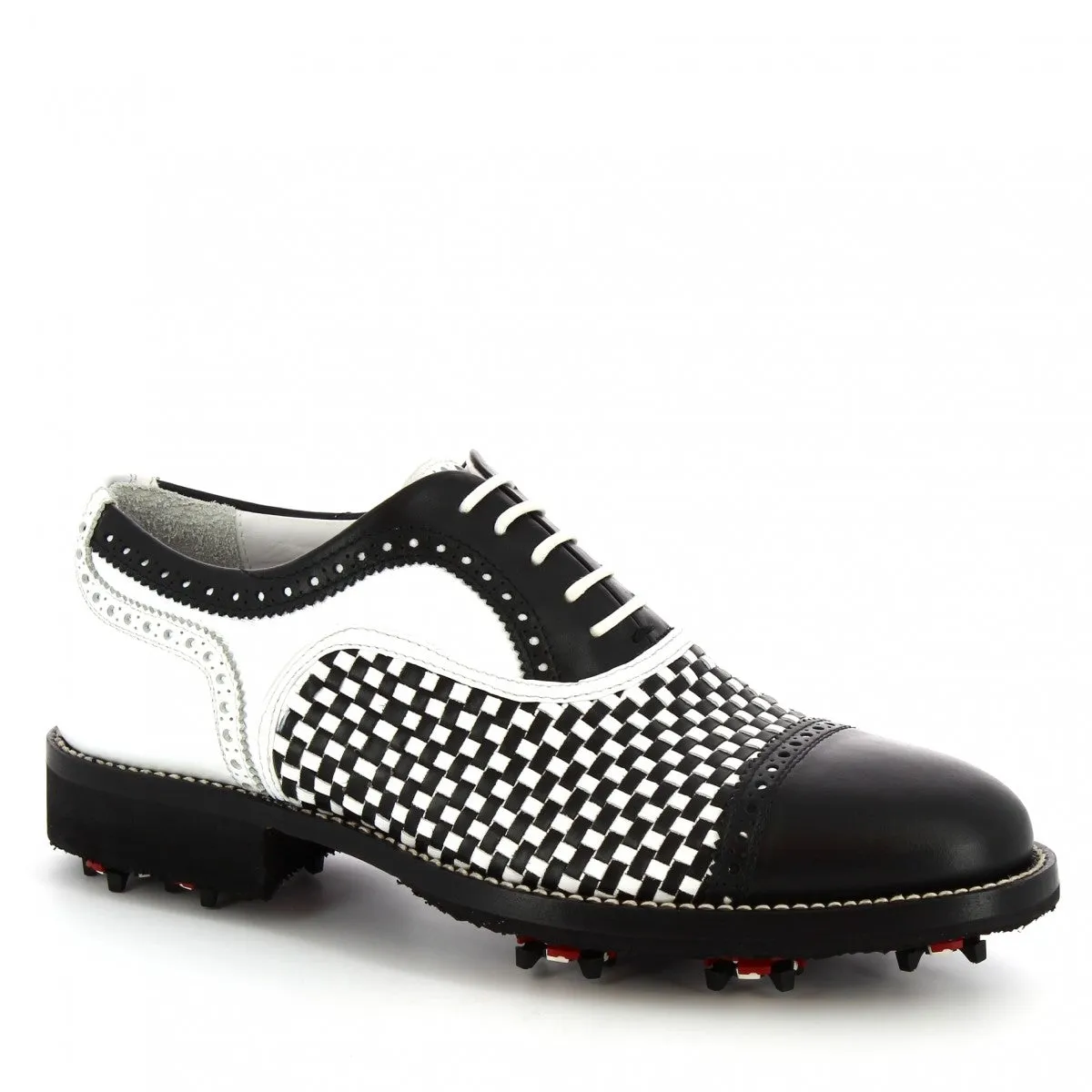 Scarpe da golf donna classiche artigianali in pelle bianca nera