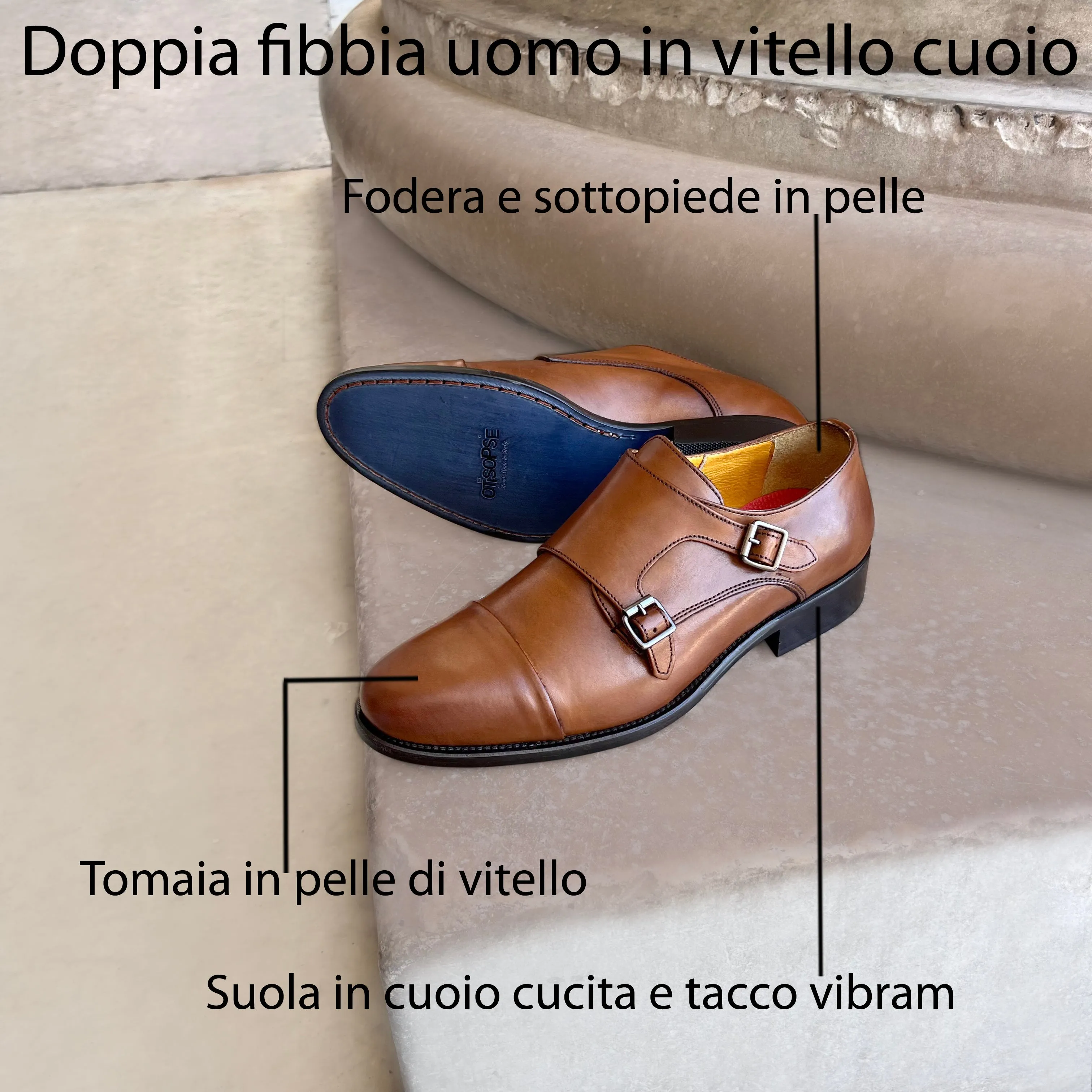 Scarpe doppia fibbia in pelle color cuoio