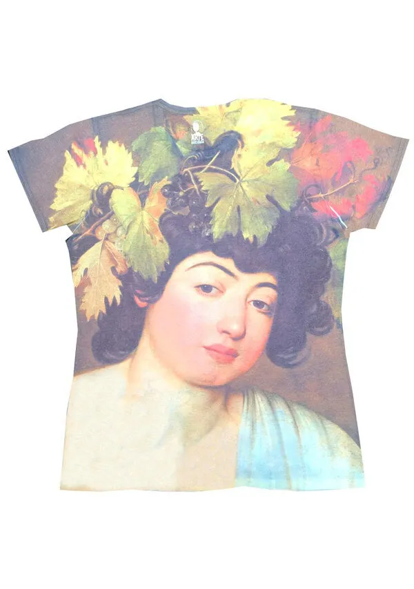 T-shirt art Bacchus by CARAVAGGIO | Stampa all-over, Idea regalo, Fotografia ad alta definizione, Dettagli sorprendenti dell'opera.